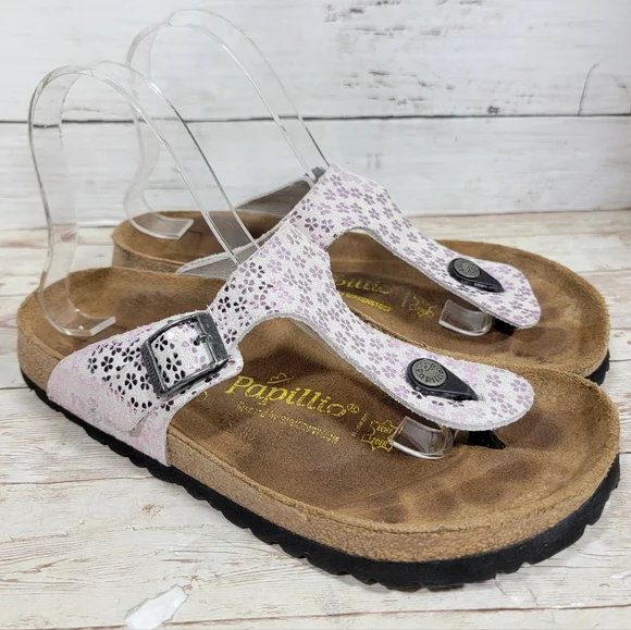 Birkenstock Papillio Lavender Metallic Floral Leather Gizeh Sandals US W 7 - Picture 1 of 12